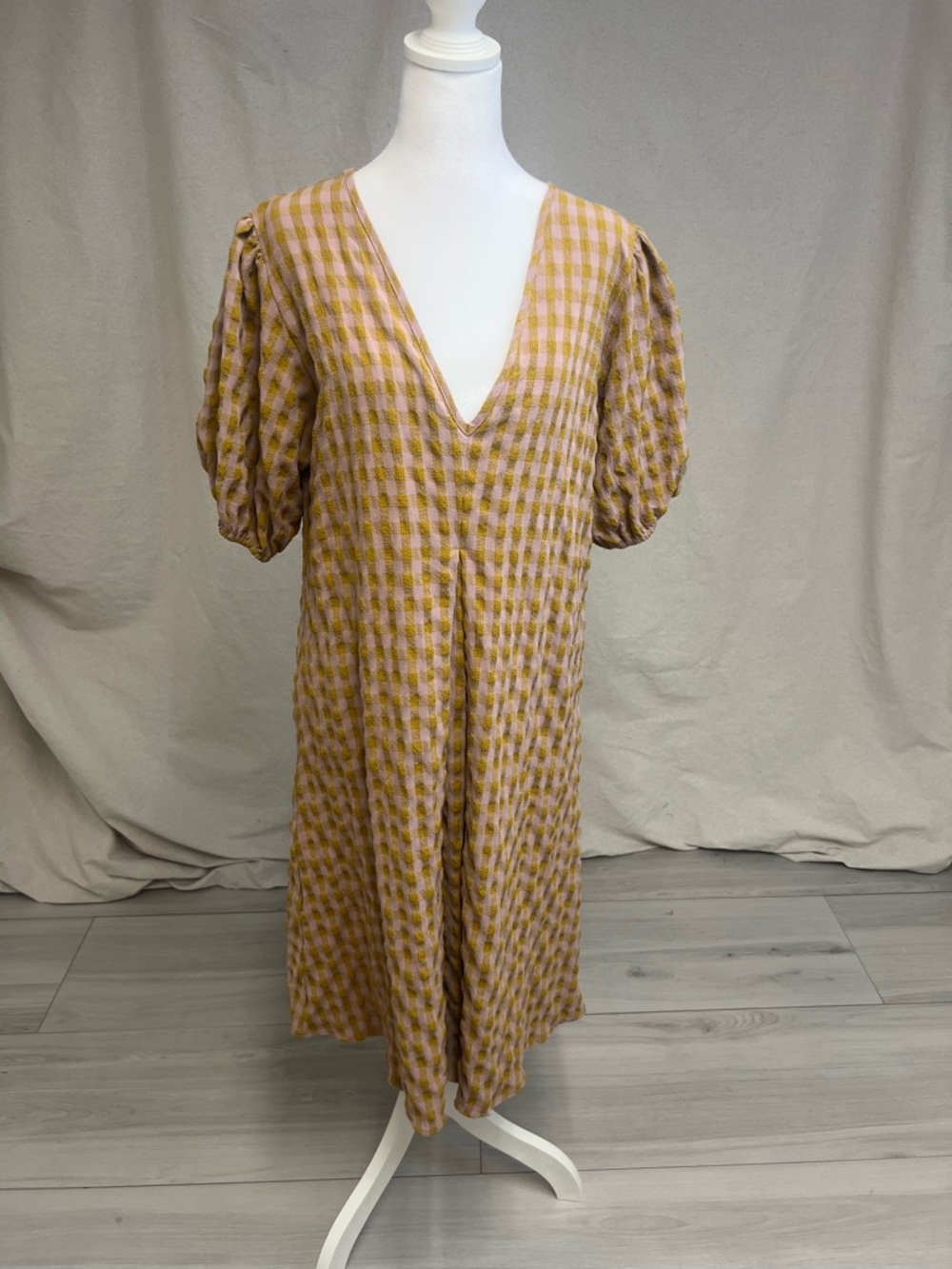 Western Gingham 3/4 Sleeve V-Neck Midi Dress Mustard Pink Sz XL‎ Cottagecore